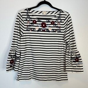J Crew Women's White & Black Floral Long Bell Sleeve Striped Blouse Top Sz Small